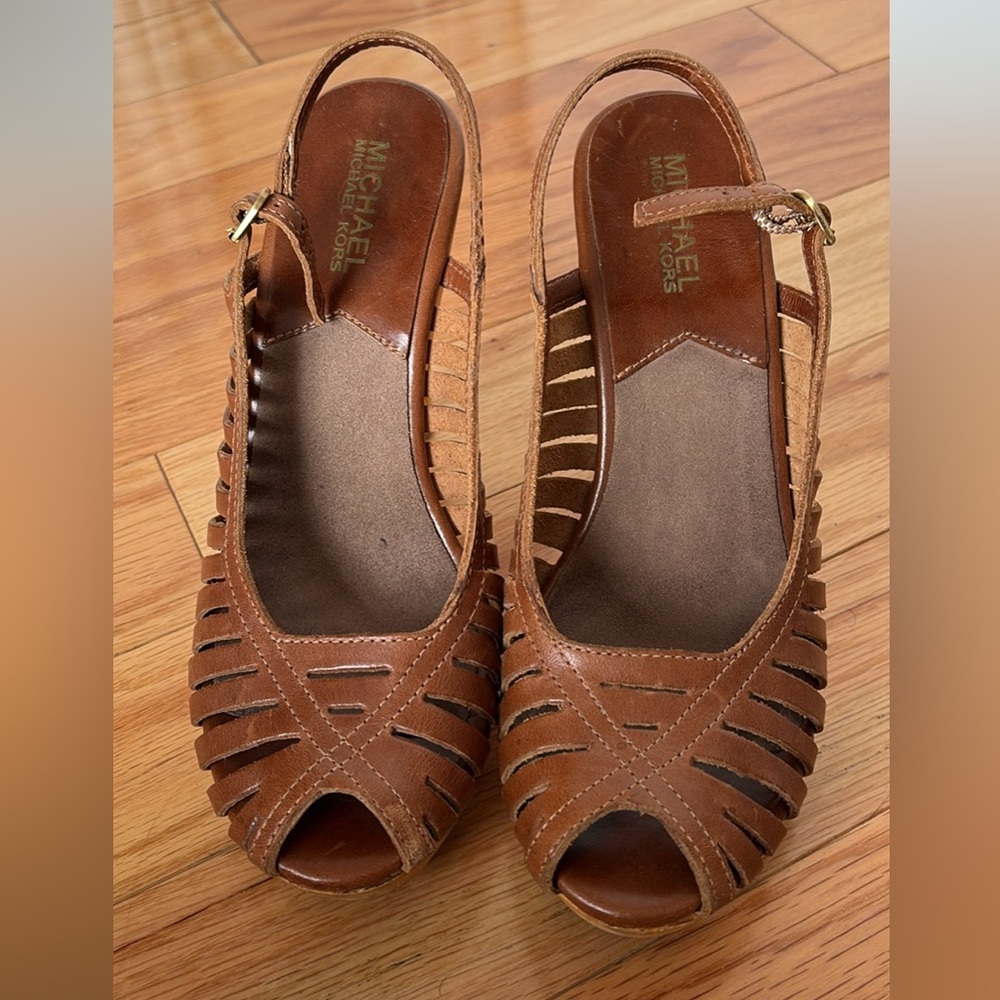 Michael Kors Brown Cutout Leather Slingback Peep-Toe Wedges